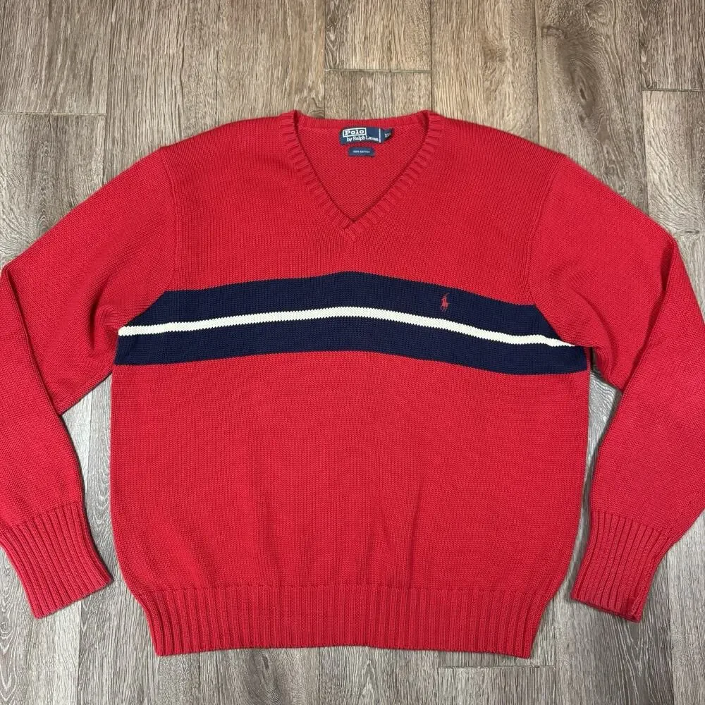 Vintage 80s Polo Ralph Lauren V Neck Cotton Sweater Striped Red Blue Men's XXL